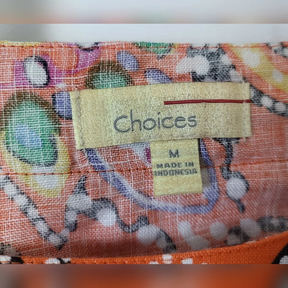 Choices Orange Paisley Print 3/4 Sleeve Button Detail Linen Blouse Size‎ M - Picture 3 of 6
